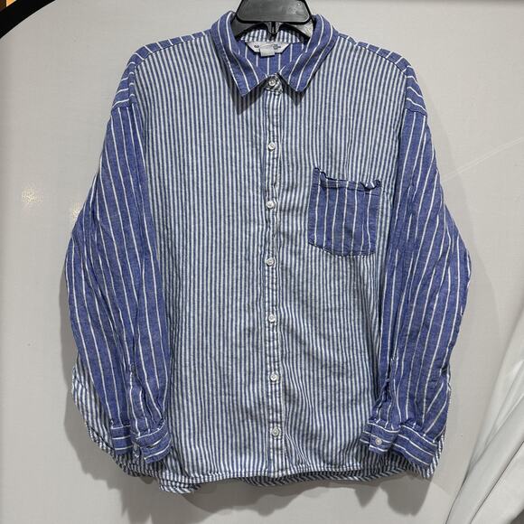 Old Navy Boyfriend Shirt Womens XL Blue White Stripe Linen Blend Button - Picture 1 of 8